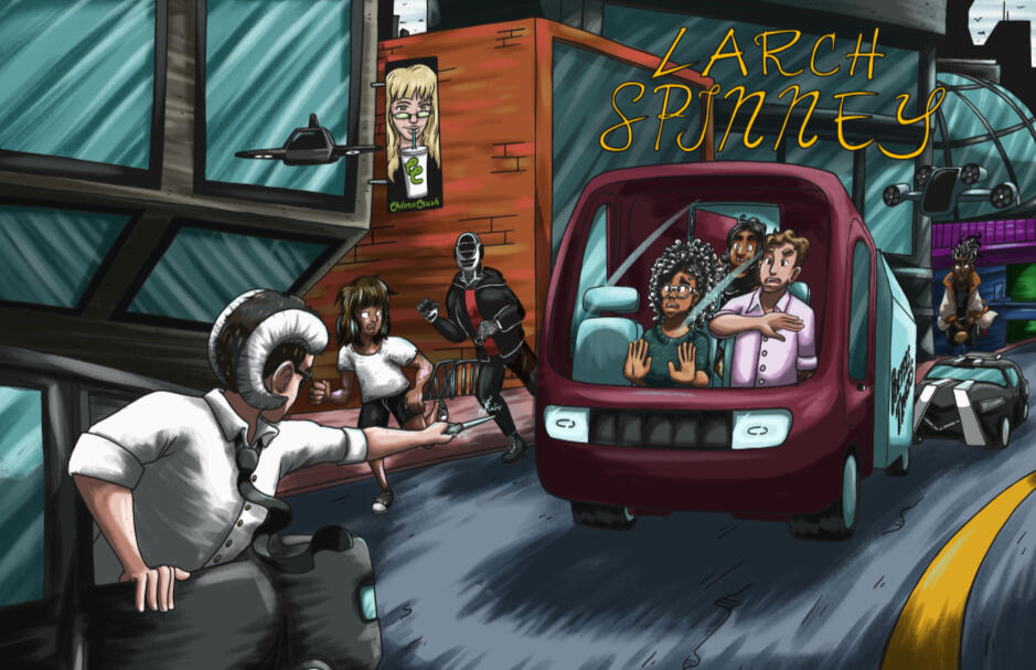 Larch Spinney 4 Cover Cover of Larch Spinney issue 4. The title Larch Spinney is above a scene where the main characters are driving a truck. Robots and members from various factions chase and surround them.