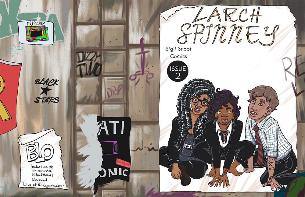 Larch Spinney Cover 2 Cover of the comic Larch Spinney issue 2. An ad for the characters is pasted on a brick wall. The title, Larch Spinney is above Ripley, Xela, and Arlyn.